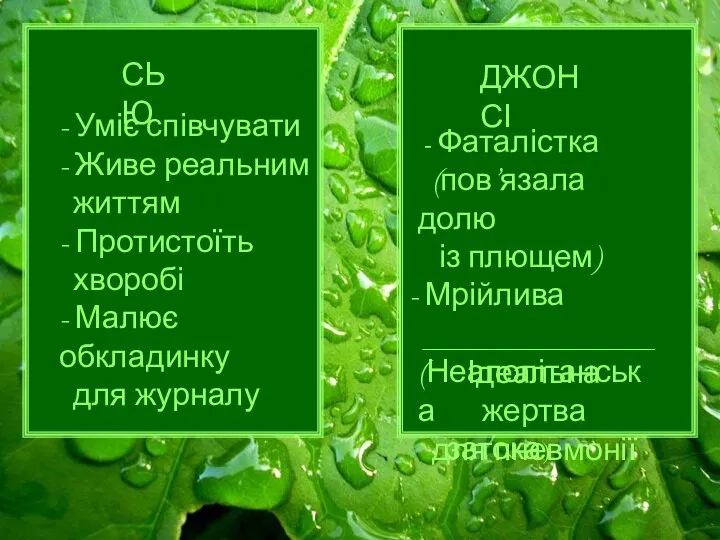 СЬЮ - Уміє співчувати - Живе реальним життям - Протистоїть хворобі