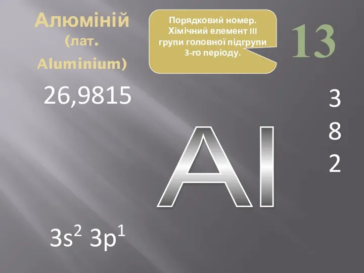 Al 13 Алюміній (лат. Aluminium) 3 8 2 26,9815 3s2 3p1