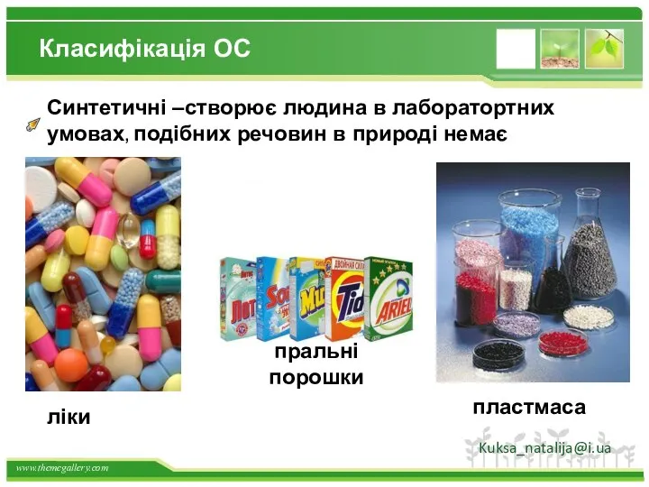 Класифікація ОС Синтетичні –створює людина в лаборатортних умовах, подібних речовин в