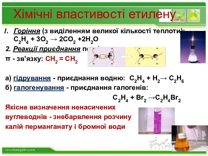 Хімічні властивості етилену Горіння (з виділенням великої кількості теплоти): С2Н4 +