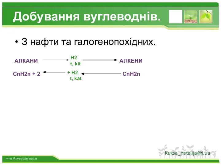 Добування вуглеводнів. З нафти та галогенопохідних. АЛКАНИ CnH2n + 2 АЛКЕНИ