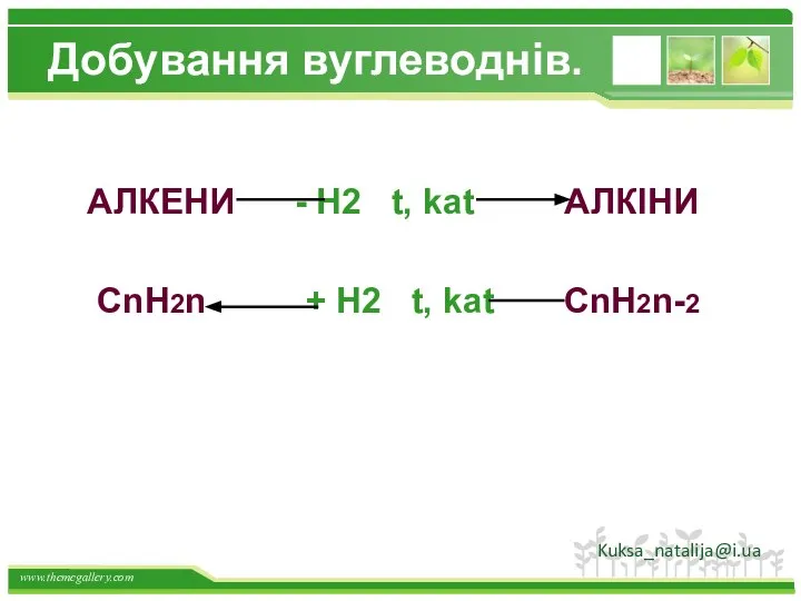 Добування вуглеводнів. АЛКЕНИ - H2 t, kat АЛКІНИ СnH2n + H2 t, kat СnH2n-2 Kuksa_natalija@i.ua