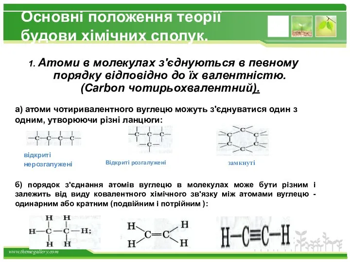 Основні положення теорії будови хімічних сполук. 1. Атоми в молекулах з'єднуються