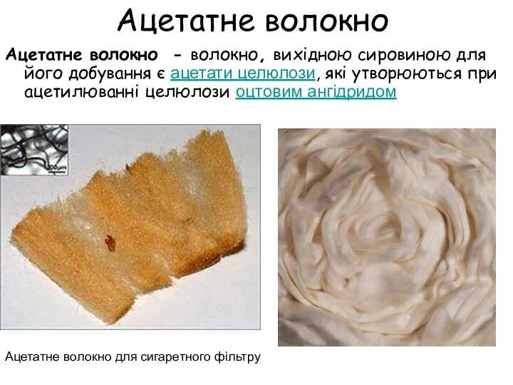 Ацетатне волокно Ацетатне волокно - волокно, вихідною сировиною для його добування