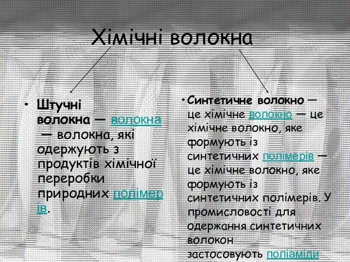 Штучні волокна — волокна — волокна, які одержують з продуктів хімічної