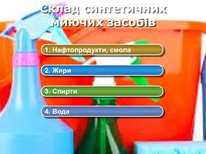 Склад синтетичних миючих засобів 1. Нафтопродукти, смола 2. Жири 3. Спирти 4. Вода