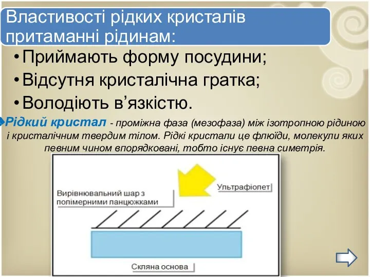 Рідкий кристал - проміжна фаза (мезофаза) між ізотропною рідиною і кристалічним