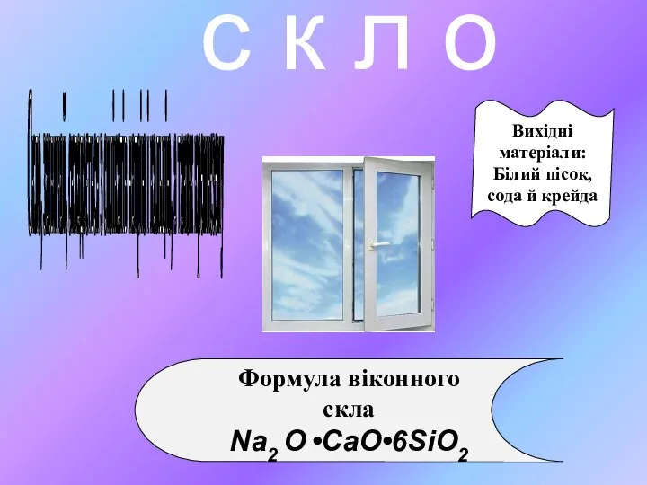 Формула віконного скла Na2 O •CaO•6SiO2 Скло, зазвичай, складається з силікатів