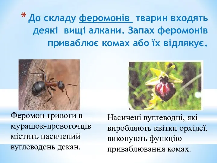 До складу феромонів тварин входять деякі вищі алкани. Запах феромонів приваблює