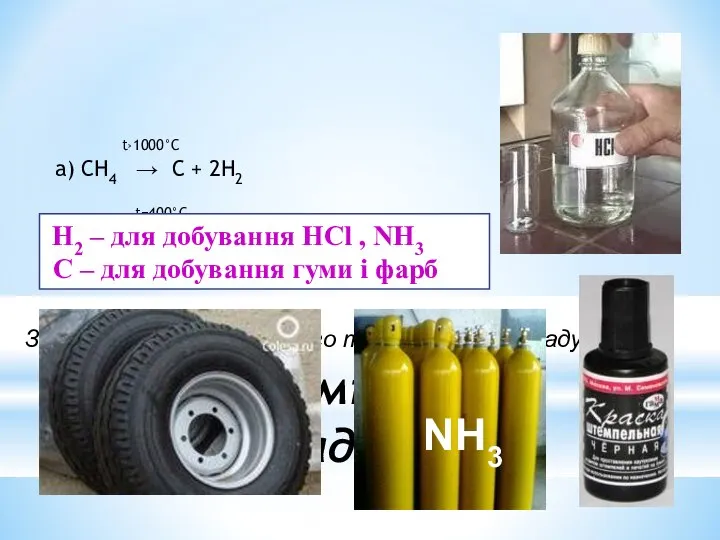 3. Термічний розклад t›1000°C а) СН4 → С + 2Н2 t=400°C