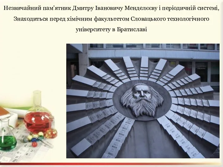 Незвичайний пам’ятник Дмитру Івановичу Менделєєву і періодичній системі, Знаходиться перед хімічним