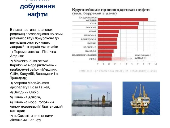 Райони добування нафти Більша частина нафтових родовищ розсереджена по семи регіонах