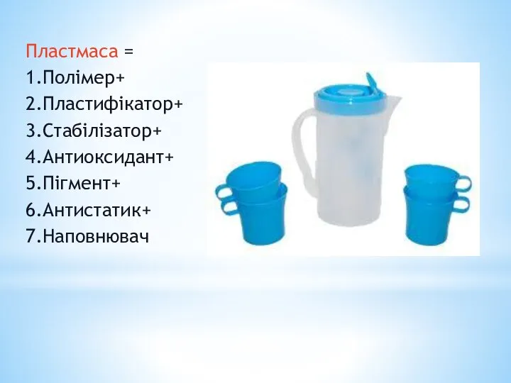 Пластмаса = 1.Полімер+ 2.Пластифікатор+ 3.Стабілізатор+ 4.Антиоксидант+ 5.Пігмент+ 6.Антистатик+ 7.Наповнювач