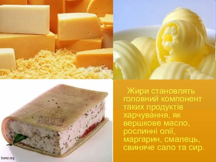 Жири становлять головний компонент таких продуктів харчування, як вершкове масло, рослинні