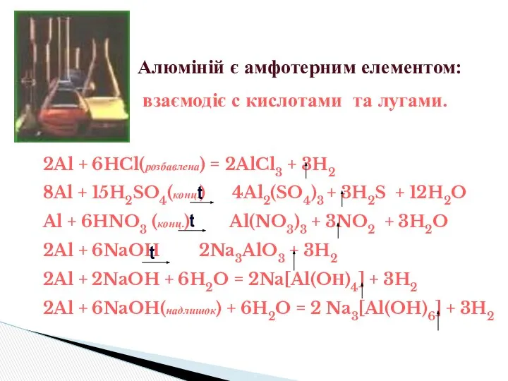 Алюміній є амфотерним елементом: взаємодіє с кислотами та лугами. 2Al +