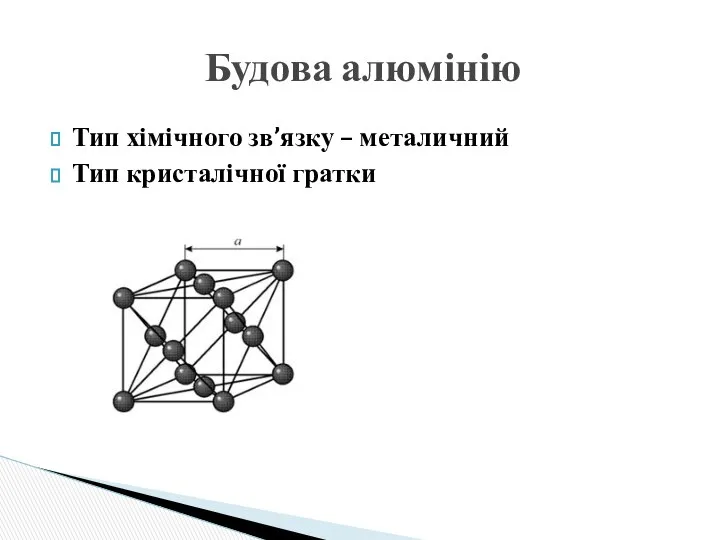 Будова алюмінію Тип хімічного зв’язку – металичний Тип кристалічної гратки