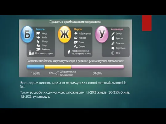 Все, окрім кисню, людина отримує для своєї життєдіяльності із їжі. Тому