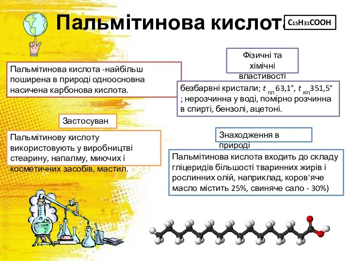 Пальмітинова кислота Пальмітинова кислота -найбільш поширена в природі одноосновна насичена карбонова