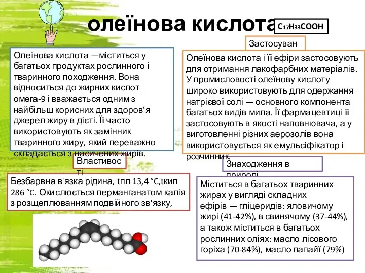 олеїнова кислота Безбарвна в'язка рідина, tпл 13,4 °C,tкип 286 °C. Окислюється