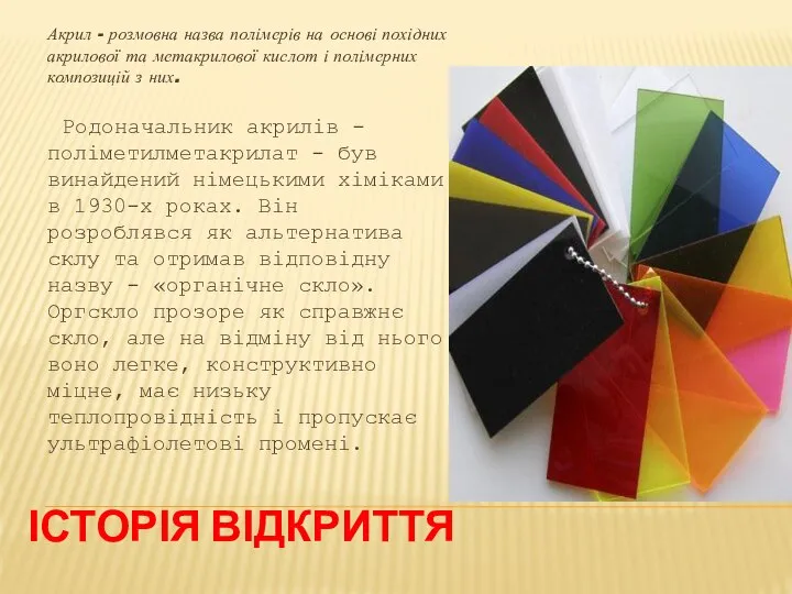 Історія відкриття Акрил - розмовна назва полімерів на основі похідних акрилової