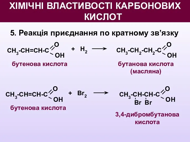 5. Реакція приєднання по кратному зв’язку бутенова кислота О OН СН3-СН=СН-С