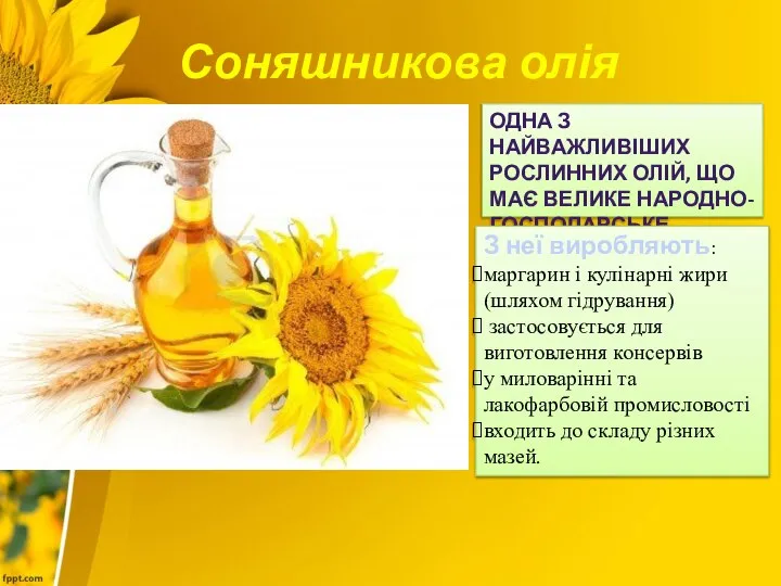 Соняшникова олія Одна з найважливіших рослинних олій, що має велике народно-господарське