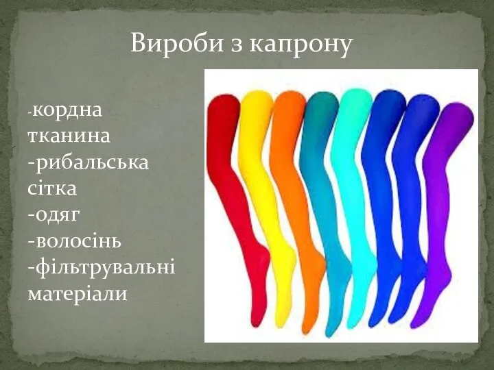 Вироби з капрону -кордна тканина -рибальська сітка -одяг -волосінь -фільтрувальні матеріали