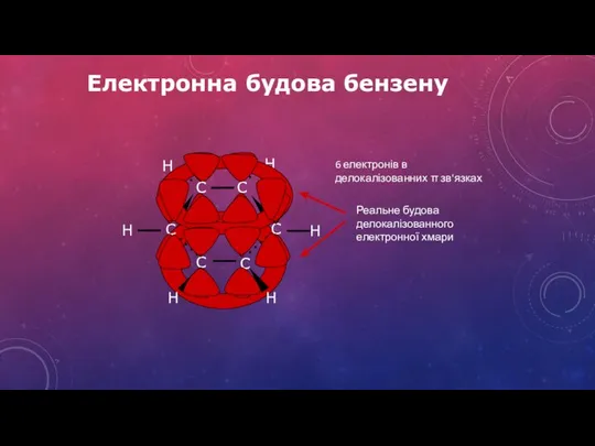 Електронна будова бензену 6 електронів в делокалізованних  зв'язках