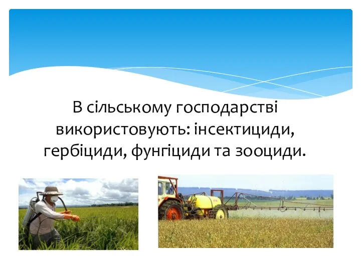 В сільському господарстві використовують: інсектициди, гербіциди, фунгіциди та зооциди.