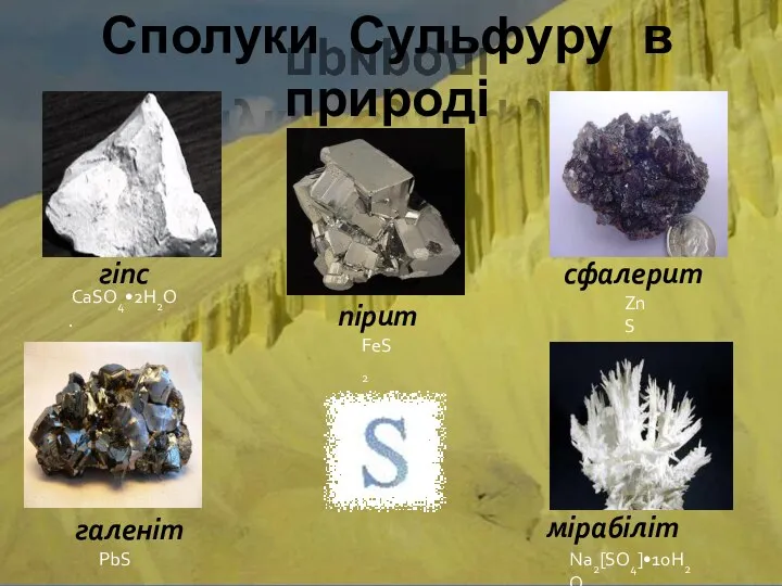 Сполуки Сульфуру в природі мірабіліт пірит галеніт гіпс сфалерит CaSO4•2H2O. FeS2 ZnS PbS Na2[SO4]•10H2O