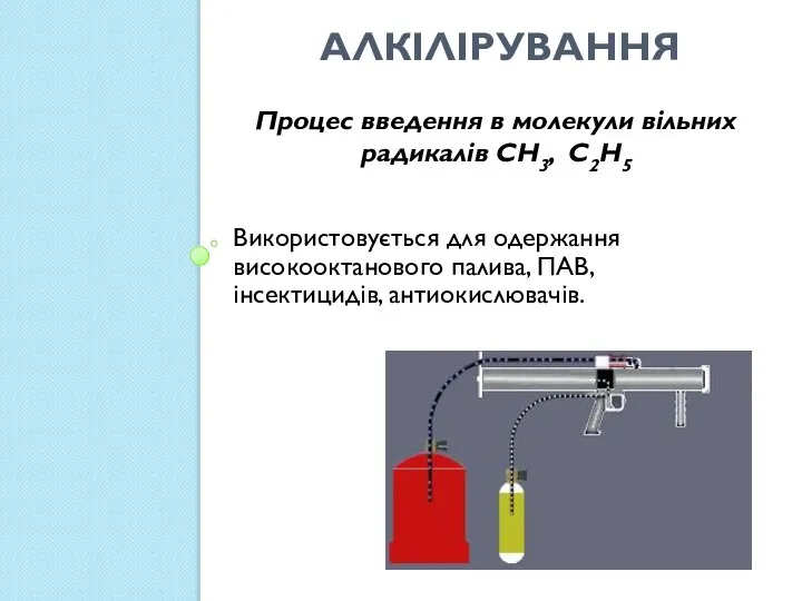 Алкілірування Процес введення в молекули вільних радикалів CH3, C2H5 Використовується для