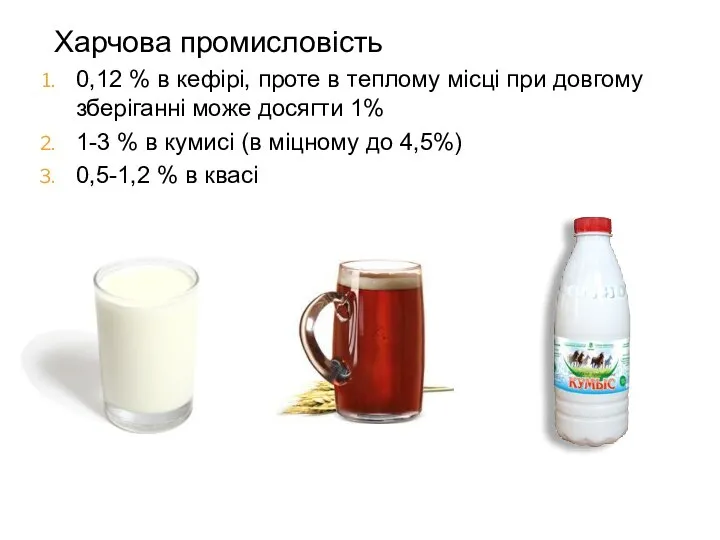 Харчова промисловість 0,12 % в кефірі, проте в теплому місці при