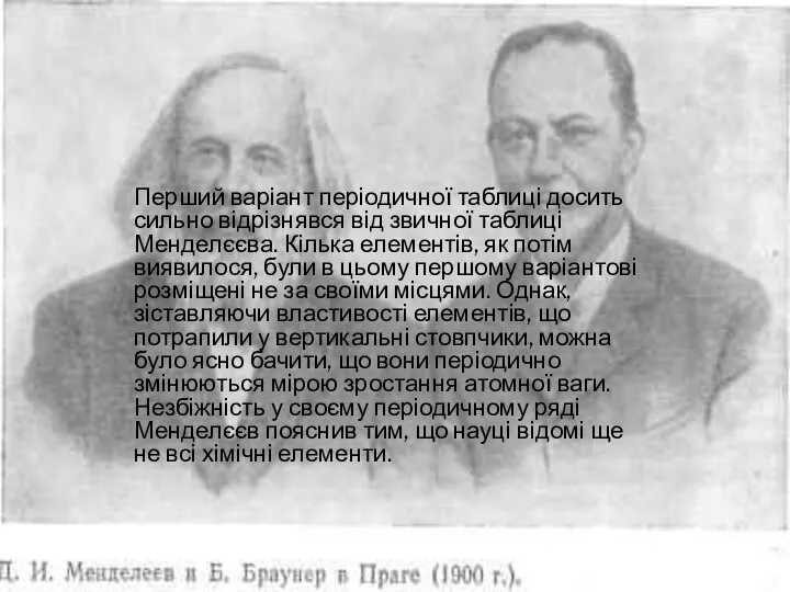 Перший варіант періодичної таблиці досить сильно відрізнявся від звичної таблиці Менделєєва.