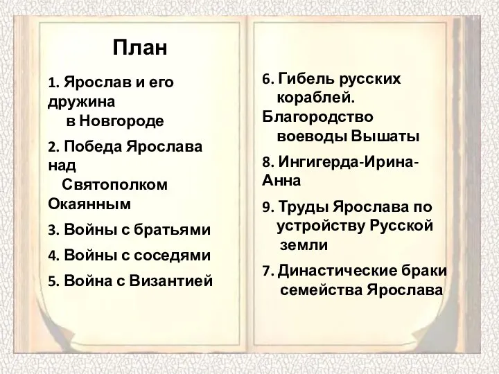 1. Ярослав и его дружина в Новгороде 2. Победа Ярослава над