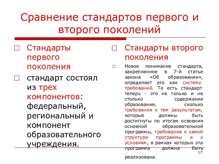 Сравнение стандартов первого и второго поколений Стандарты первого поколения стандарт состоял