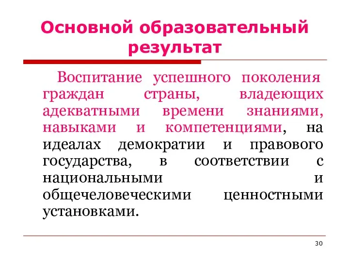 Основной образовательный результат Воспитание успешного поколения граждан страны, владеющих адекватными времени