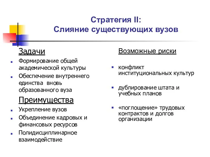 Стратегия II: Слияние существующих вузов Задачи Формирование общей академической культуры Обеспечение