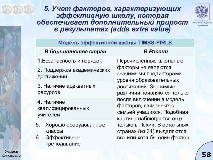 5. Учет факторов, характеризующих эффективную школу, которая обеспечивает дополнительный прирост в результатах (adds extra value)