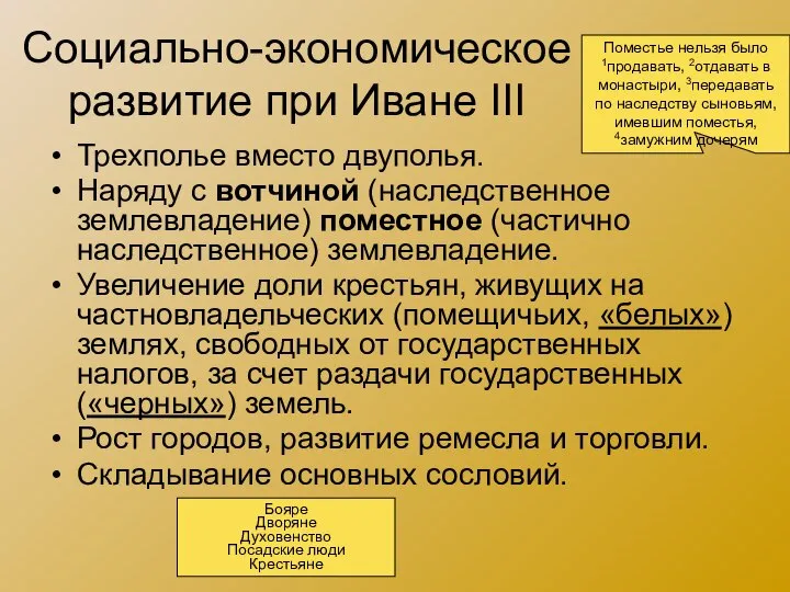 Социально-экономическое развитие при Иване III Трехполье вместо двуполья. Наряду с вотчиной