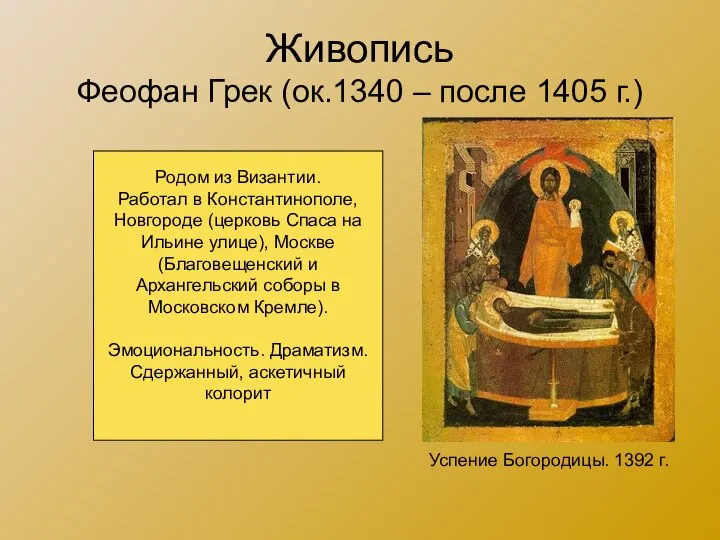 Живопись Феофан Грек (ок.1340 – после 1405 г.) Успение Богородицы. 1392