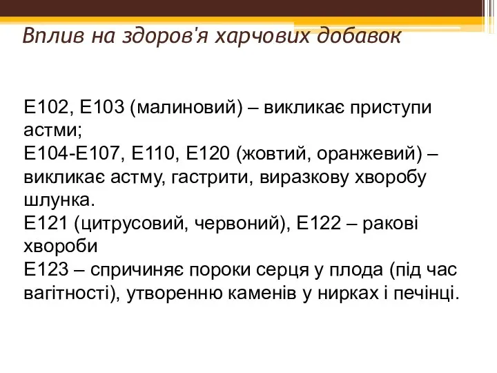 Вплив на здоров'я харчових добавок Е102, Е103 (малиновий) – викликає приступи