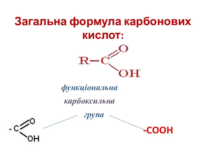 Загальна формула карбонових кислот: функціональна карбоксильна група -COOH