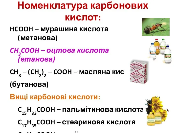 Номенклатура карбонових кислот: HCOOH – мурашина кислота (метанова) CH3COOH – оцтова