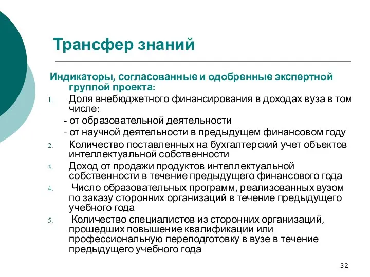 Трансфер знаний Индикаторы, согласованные и одобренные экспертной группой проекта: Доля внебюджетного