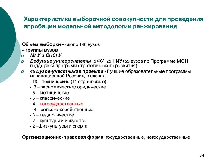 Характеристика выборочной совокупности для проведения апробации модельной методологии ранжирования Объем выборки