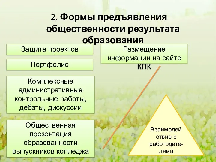 2. Формы предъявления общественности результата образования Защита проектов Размещение информации на