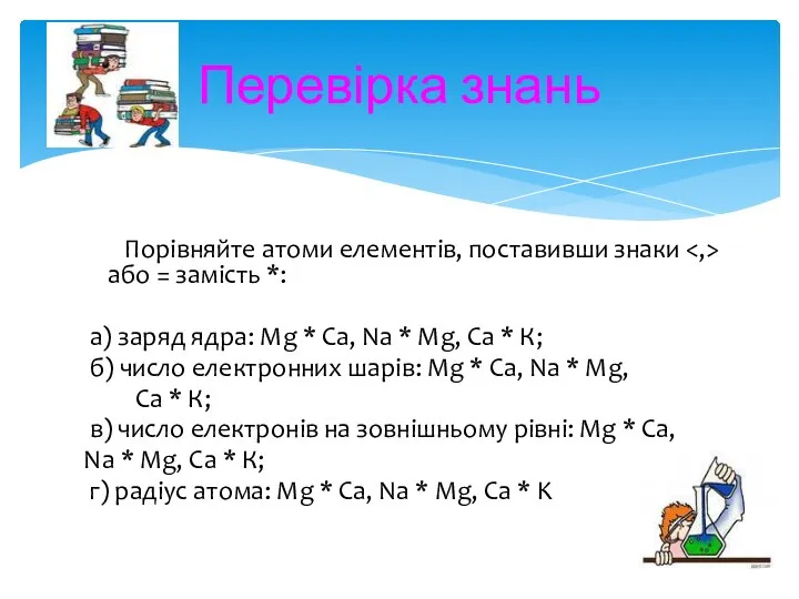 Перевірка знань Порівняйте атоми елементів, поставивши знаки або = замість *: