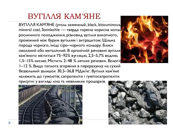 ВУГІЛЛЯ КАМ'ЯНЕ ВУГІЛЛЯ КАМ'ЯНЕ (уголь каменный, black, bitouminous, mineral coal, Steinkohle