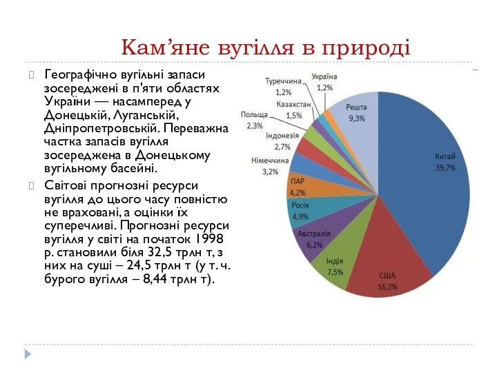 Кам’яне вугілля в природі Географічно вугільні запаси зосереджені в п'яти областях