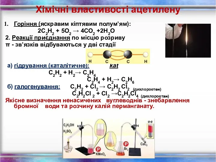 Хімічні властивості ацетилену Горіння (яскравим кіптявим полум’ям): 2С2Н2 + 5O2 →